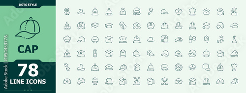 Cap icon. Includes symbols for hat, man, graduation, illustration, cowboy and more. Hat icon set in linear style. Minimal icons pack. Vector illustration.