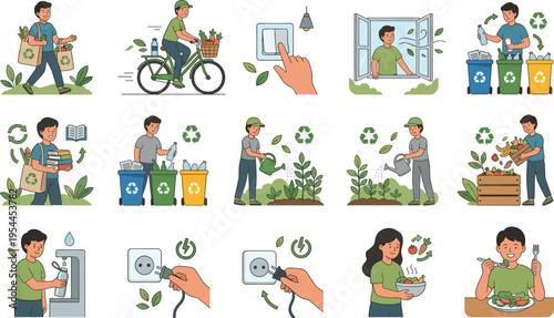 Vector Icons Set for Sustainable Living, Recycling, Eco-Friendly Practices, and Green Lifestyle for Websites, Apps, and Digital Media Projects