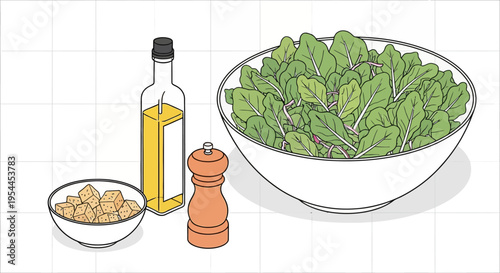 Kitchen counter with bowl of croutons and olive oil