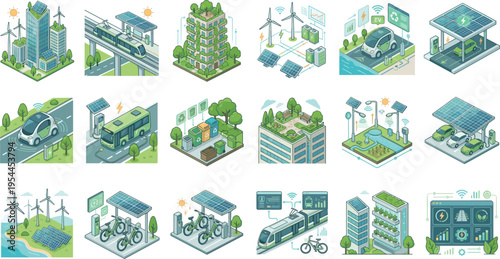 Vector Icons Set for Sustainable Energy, Electric Vehicles, Solar Power, and Green Transportation Solutions for Websites, Apps, and Digital Media Projects