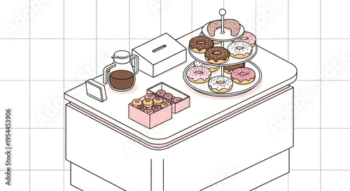 Minimalist isometric illustration of coffee carafe and donuts on a kitchen counter