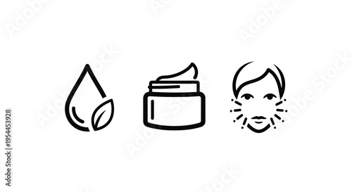 Beauty and wellness icons featuring water cream and face silhouette