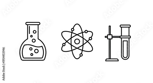 Linear icons depicting chemistry equipment and atomic structure silhouette