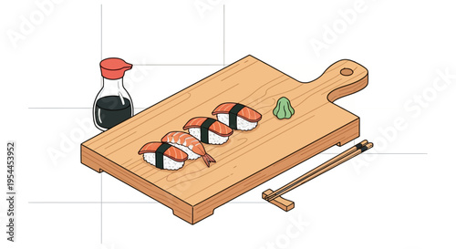 Salmon nigiri sushi on wooden board with soy sauce illustration
