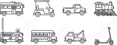Vehicle line icon collection with bus, truck, train, and transport designs isolated on white background for travel and mobility