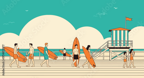 Surfers walking on a boardwalk with ice cream on a sunny day