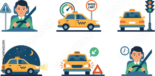 Vector Icons Set for Taxi Cars, Speed Limits, Traffic Signals, and Driving Safety for Websites, Apps, and Digital Media Projects