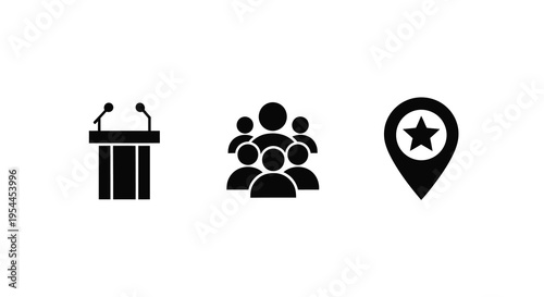 Simple icons depict a podium group and map pin silhouette
