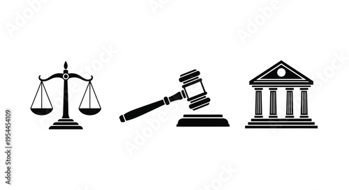 Scales of justice gavel and courthouse in a bold silhouette