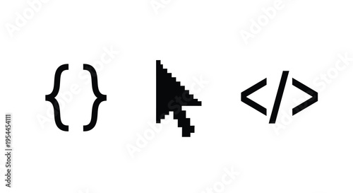 Three coding symbols depicted in a stark black silhouette