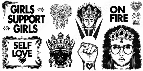 Empowering artwork featuring portraits slogans and decorative elements in black ink