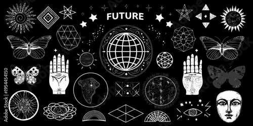 Mystical collection of hand drawn celestial botanical and symbolic elements