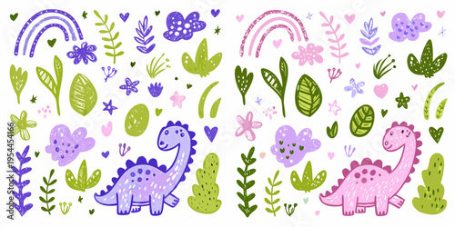 Cute dinosaurs rainbows and floral elements in a playful doodle style