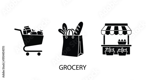 Grocery shopping icons depicting carts bags and a market stall silhouette