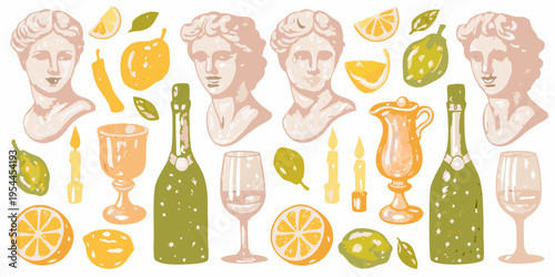 Classical busts citrus fruits and vintage glassware in a decorative composition