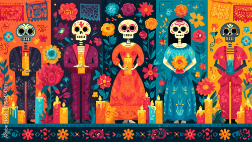 Vector illustration of sugar skull people in colorful traditional Mexican clothing for Dia de los Muertos