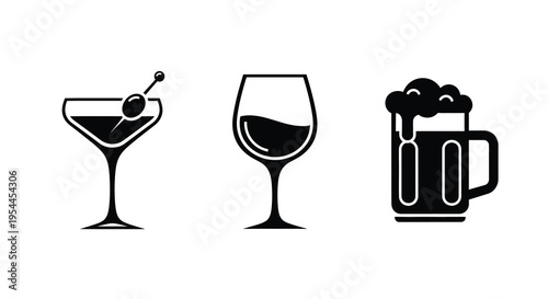 Three alcoholic beverages depicted in a striking black silhouette