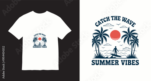 Catch wave summer vibes t-shirt design with surfer palm trees ocean sunset