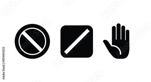 Three black icons circle square and hand stop a graphic silhouette