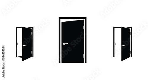 Three black doors in varying perspectives a stark graphic silhouette