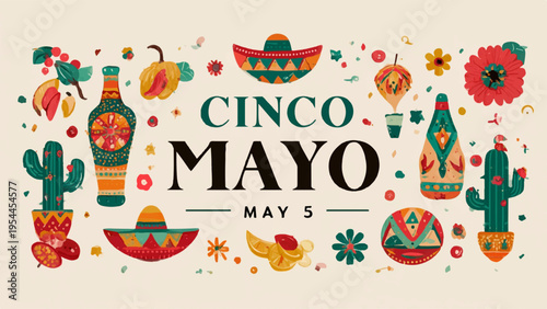 Cinco de Mayo vector illustration with colorful Mexican icons