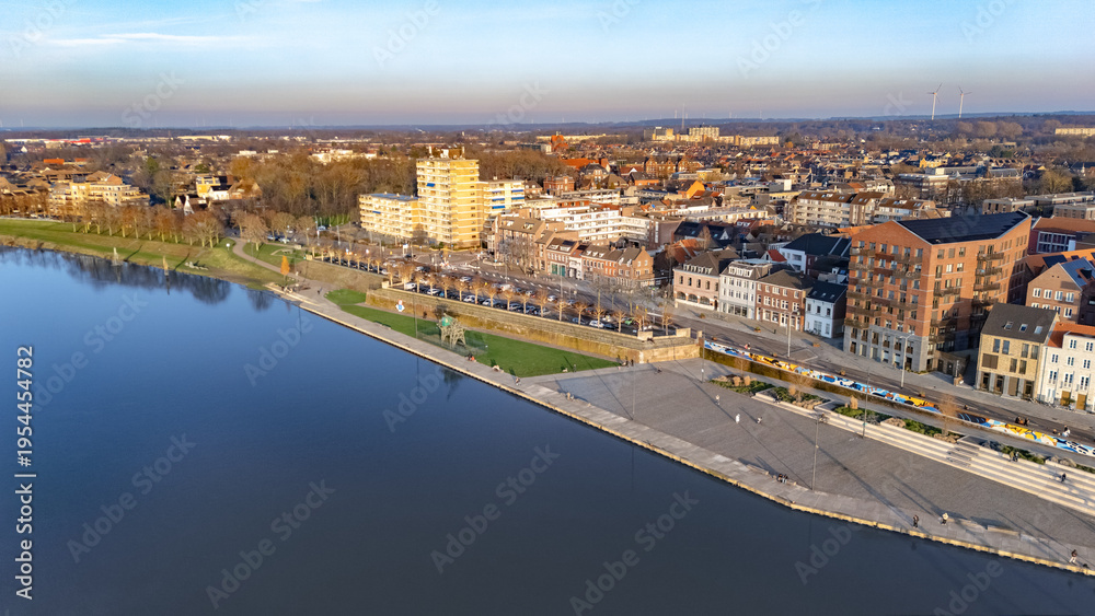 Obraz premium Venlo town marina and waterfront near Meuse river aerial drone view from above, Venlo bird’s view cityscape on sunny weather, Limburg, Netherlands