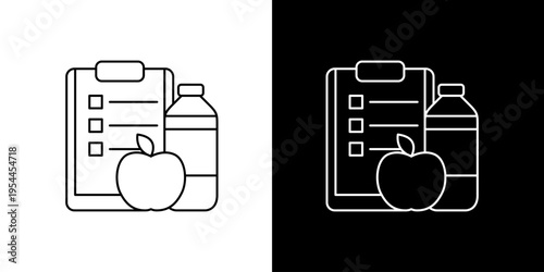 Single icon of healthy lifestyle checklist with apple and water bottle, representing diet and nutrition planning