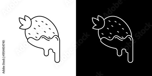 Stylized line art icon illustration of a fresh strawberry dessert with sweet dripping chocolate sauce or syrup, perfect for menus and confectionery branding