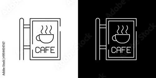 Modern line art icon of a cafe shop hanging sign with a steaming coffee cup, suitable for restaurant business branding and menu designs