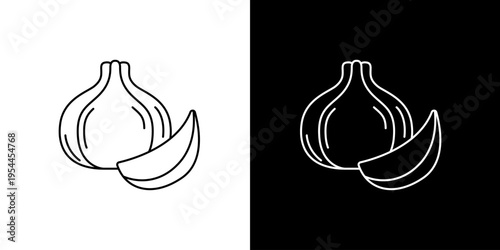 Clean vector line art icon of a fresh garlic bulb and a single clove, perfect for culinary designs, food illustrations, recipe graphics, or ingredient symbols
