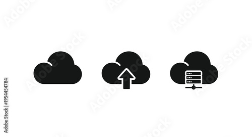 Cloud computing progression with upload and server depiction silhouette