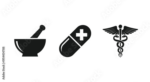 Medical icons depicting pharmacy medicine and healthcare black silhouette