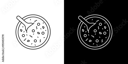 A top-down view of a bowl with a spoon and a textured substance, presented in both black and white