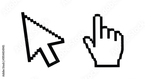 Two computer cursors in black one showing a pointing hand silhouette