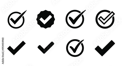 Collection of black checkmark icons in various circular designs silhouette