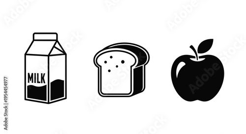Simple icons of milk bread and an apple in black silhouette