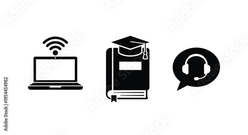 Icons representing online learning books and audio with a silhouette