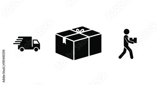 Delivery truck gift and person carrying a package silhouette