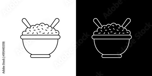 Minimalist line art icon depicting a hearty serving of grain or cereal in a bowl with two spoons, ideal for menu designs or healthy eating concepts