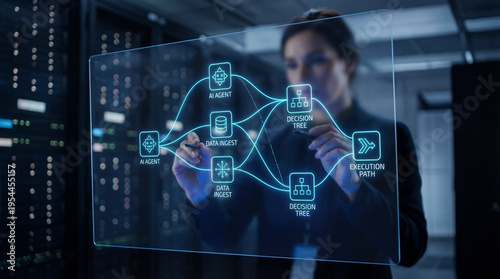 Ai agent workflow automation shown on visual node-based editor concept. A woman interacting with a futuristic digital interface.