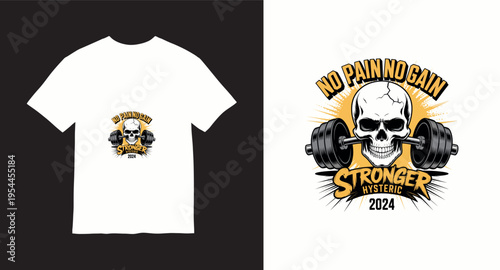 T shirt design with skull holding barbell no pain no gain stronger hysterical 2024