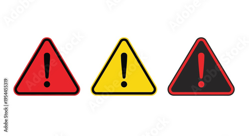 Three triangular warning signs with exclamation points a striking silhouette