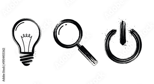 Lightbulb magnifying glass and power button icons in black silhouette