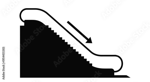 Simple black escalator moving downwards with directional signage silhouette