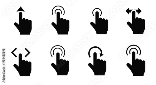 Various hand gestures indicating touch and movement black silhouette