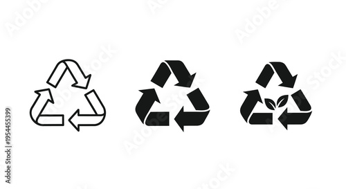 Three recycling symbols showcasing varying design styles a bold silhouette