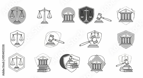 Law and justice icons set including scales gavel court building and shield symbolizing legal system and justice concept