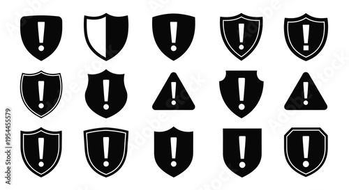 Collection of black shield icons with exclamation points a silhouette