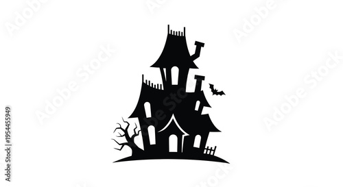 Spooky haunted house with bats and a bare tree a dark silhouette