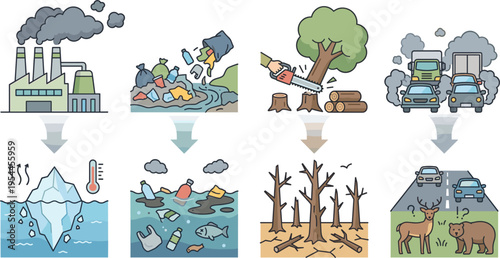 Vector Icons Set Representing Environmental Pollution, Deforestation, Climate Change, and Its Impact on Nature for Websites, Apps, and Digital Media Projects